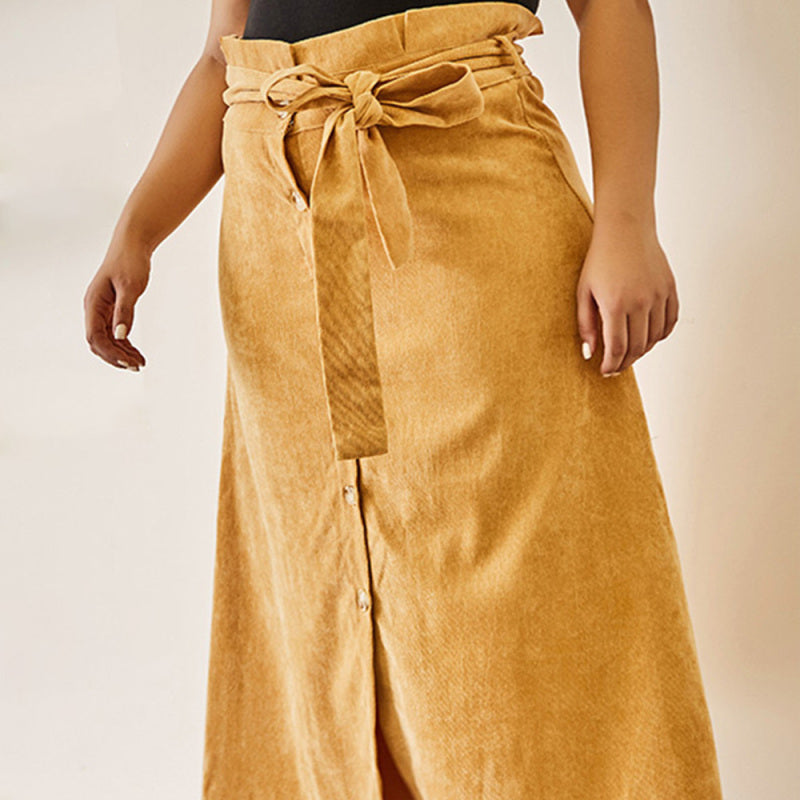 Women's Solid Color Plus Size High Waist Corduroy Belted Midi Skirt kakaclo