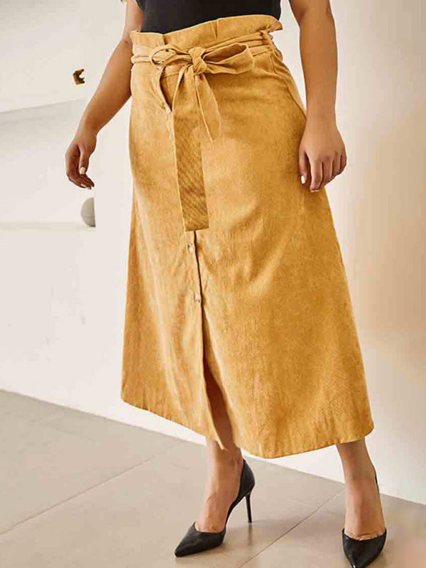 Women's Solid Color Plus Size High Waist Corduroy Belted Midi Skirt kakaclo