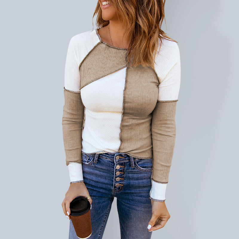 Women's Knitted Long Sleeve Round Neck Contrast Color T-Shirt kakaclo