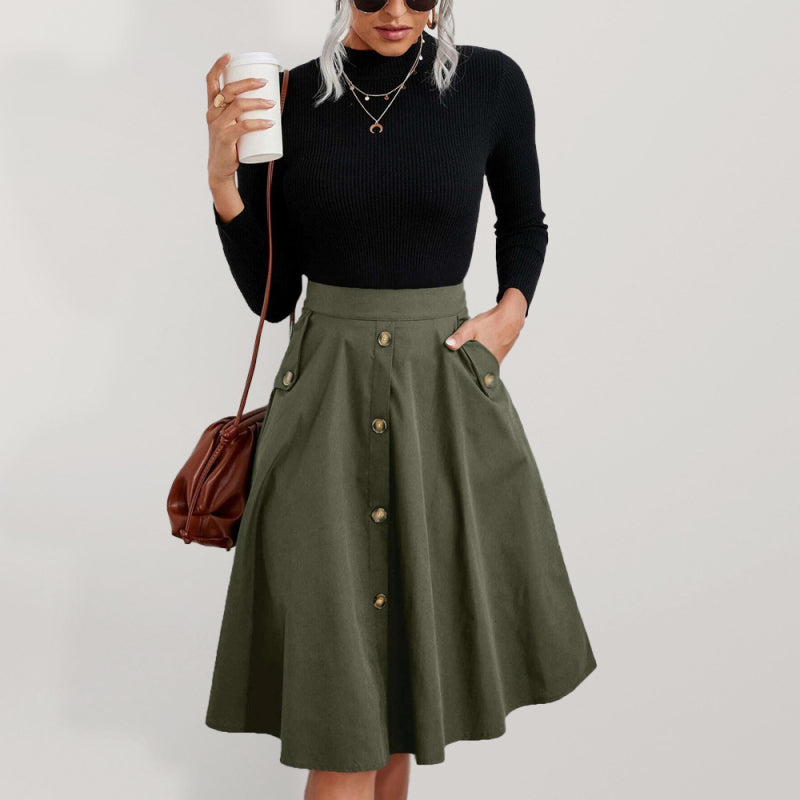 Women's Pocket Button Elegant Midi Skirt kakaclo