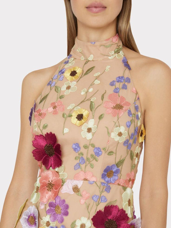 New women's embroidered three-dimensional flower halter neck slim dress small dress